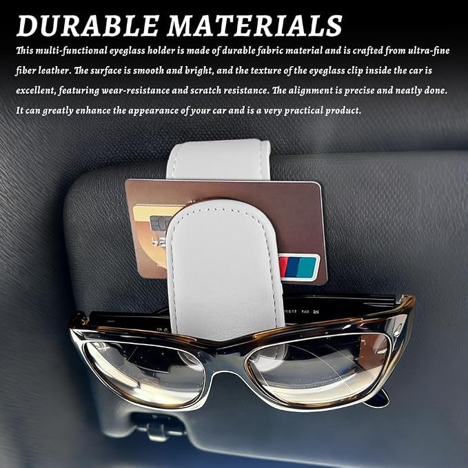 Sunglass Holder for Car, Car Sunglass Holder, Magnetic Leather Sunglasses Holder and Ticket Card Clip, Auto Multi-Functional Sun Visor Eyeglass Holders for SUV Pickup Truck (White) - Image 4