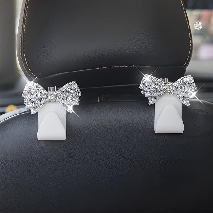 Zpana Bling Car Headreat Hook, 2PCS Crystal Rhinestone Cute Bow Vehicle Seat Back Hanger Storage for Purses Bags Grocery, Diamond Auto Rear Seat Organizer, Universal for SUV Truck Sedan (Pink) | PVC construction, rhinestone bow design, compact rear sea... - Image 6