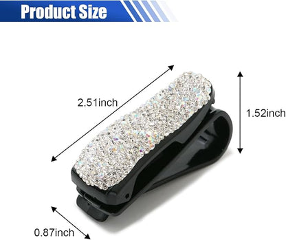 2PCS Bling Sunglasses Holder for Car, Fashion Crystal Rhinestone Sun Visor Glasses Holder with Ticket Card Clip, Eyeglasses Mount Car Sunglasses Clip, Auto Visor Glasses Clip for Women Girls (White) - Image 2