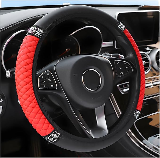 Osilly 15 Inch Rhinestone Leather Steering Wheel Cover, Red | breathable non-slip surface, flexible ringless design, hand-stretch setup, fits matching rim sizes, automotive accessories by Osilly