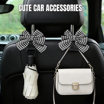 2PCS Car Seat Headrest Hooks, Car Purse Hook, Cute Bow Knot Vehicle Seatback Hanging Storage Organizer, Auto Seatback Decor Organizer Hanger for SUV Truck (Houndstooth/Black) - Image 3