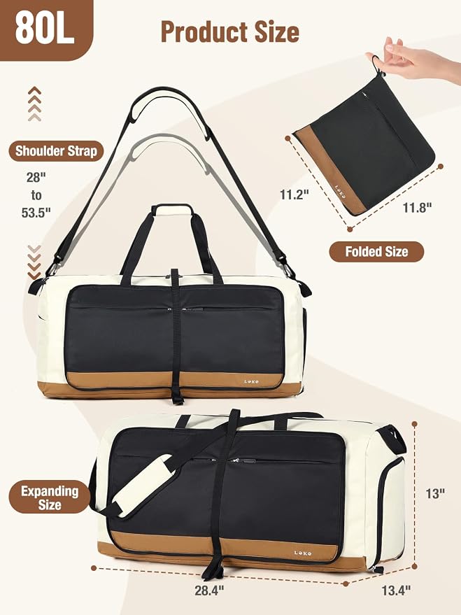 Lekesky Foldable Travel Duffle Bag for Women, Large Duffel Bag with Separate Shoes Compartments & Straps, Carry On Weekend Bag for Women, Hospital, Overnight (Camel & Brown, 80L) - Image 3