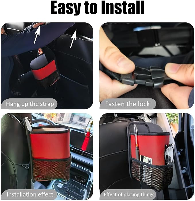 2-in-1 Large Cup Holder, Car Water Bottle Holder, 80 oz Waterproof Leather Car Seat Side Organizer, Multifunctional Seat Side Storage Hanging Bag with Mesh Pocket Fit for Most Vehicles (Red) - Image 6