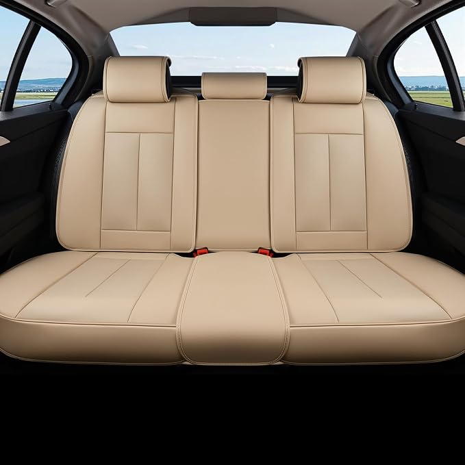 Coverado Backseat Cover for Dogs, Car Seat Protector for Back Seat, Car Seat Covers Beige, Car Seat Cushion Nappa Leather, 3-Pieces Waterproof Seat Covers Carseat Cover Universal Fit for Most Cars by COVERADOAUTO