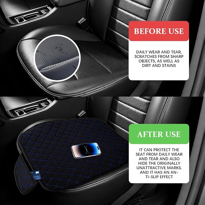 Leather Front Car Seat Cover, Anti-Slip Car Seat Bottom Covers, Full Wrapped Bottom Seat Protectors with Storage Pocket, Universal Comfortable Seat Cushion Fit Vehicles SUVs Trucks (K2-Black Blue) - Image 6