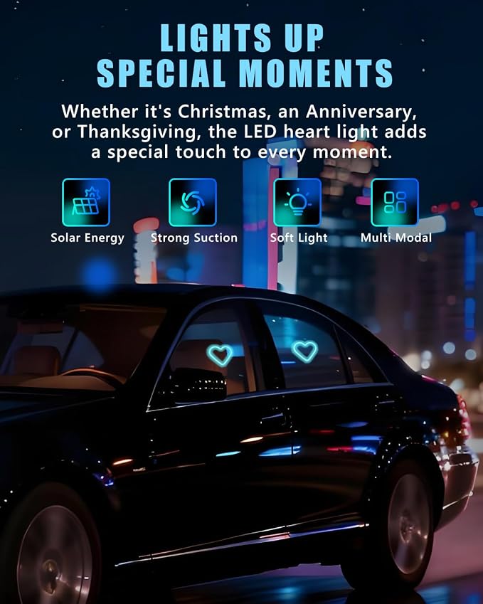 Car LED Ambient Light, Car Triangle Window Solar-Powered Heart Shaped Atmosphere Light with 5 Switchable Lighting Modes, Romantic Gift for Thanksgiving, Christmas, Date Night (Ice Blue, 2pcs) - Image 2