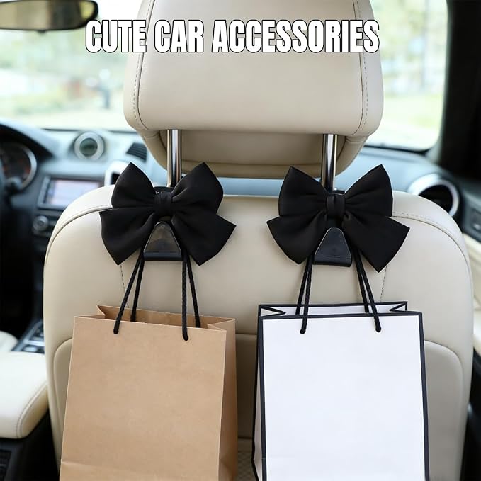 2PCS Car Seat Headrest Hooks, Car Purse Hook, Cute Bow Knot Vehicle Seatback Hanging Storage Organizer, Auto Seatback Decor Organizer Hanger for SUV Truck (Black) - Image 3
