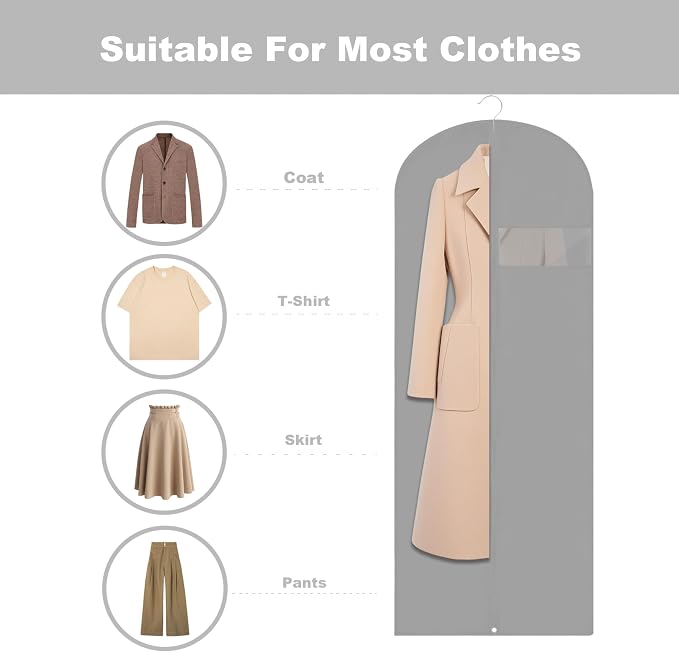 Dress Bags for Gowns Long, 60'' Garment Bags for Hanging Clothes, Suit Bag Cover for Storage and Travel (Grey) - Image 3