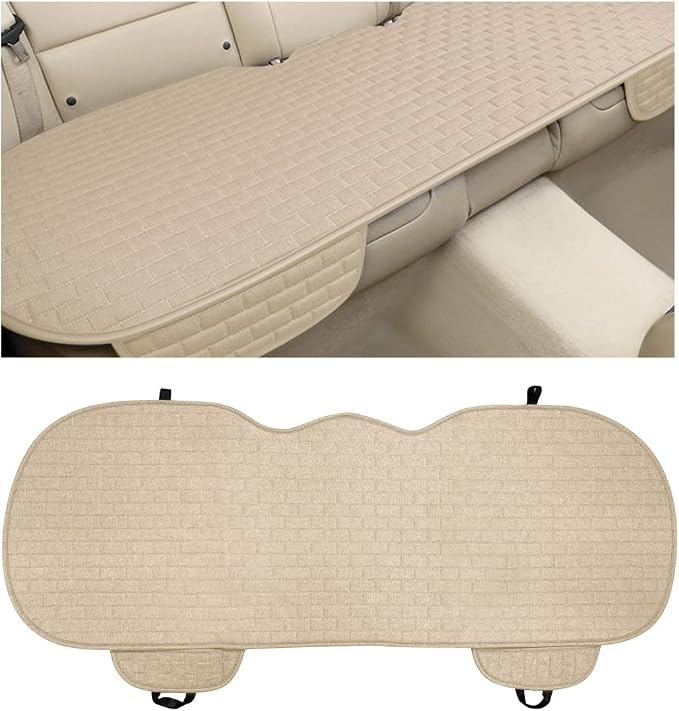 Car Seat Cover for Rear Seats, Comfortable Linen Seats Cushion Pad Mat with Storage Pockets, Anti-Slip Breathable Bottom Long Rear Seat Cover Protector for SUV Truck Van (Beige) by Unknown