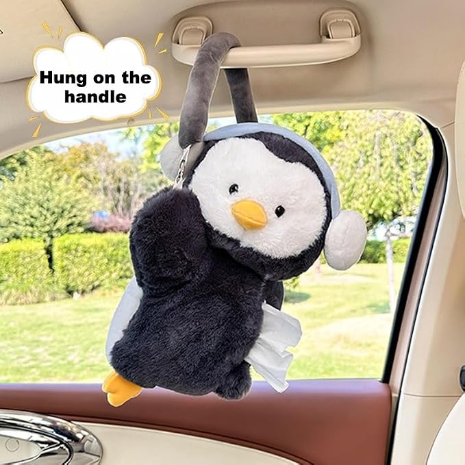 Penguin Car Tissue Holder Plush Cute Hanging Paper Towel Dispenser for Handle or Seat Back Soft Animal Design for Car Home Bathroom - Image 3