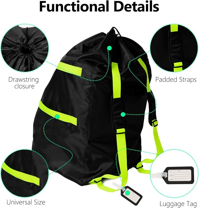 elaia Large Waterproof Car Seat Travel Bag for Airplane with Green Straps | Large capacity waterproof car seat travel bag for airplane with straps. Foldable, durable carseat bag for air travel - Image 3