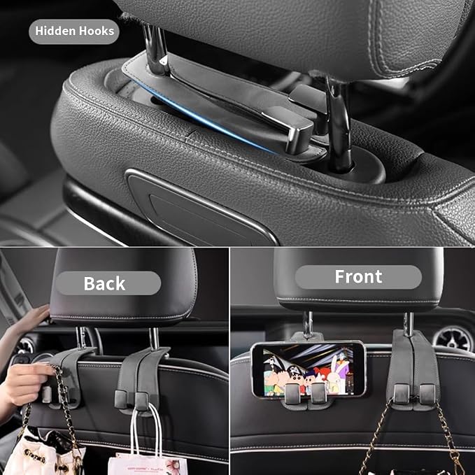 KINIVA Car Seat Headrest Storage Hooks, Set of 2, Suede PU Leather, Double Hooks (Grey-4 Pack) - Image 3