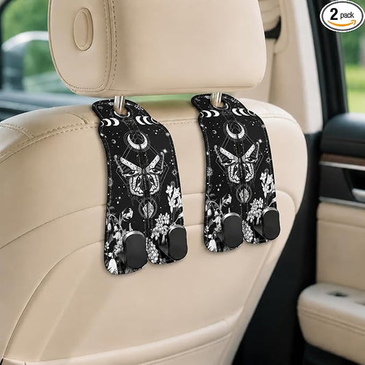 Cute Moon Phase Moth Car Seat Back Storage Headrest Hooks for Purses & Bags – 2PCS PU Leather Dual Metal Hooks, Backseat Organizer Accessories by Unknown