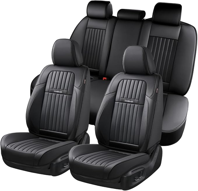 Coverado Car Seat Covers Full Set, Seat Covers for Cars, Black Car Seat Cover, Car Seat Protector, Nappa Leather Car Seat Cushion, Waterproof Car Seat Covers Front Seats and Back Fit for Most Cars by COVERADOAUTO