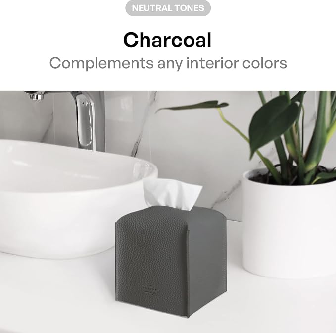 Carrotez Tissue Box Cover, [Refined] Modern PU Leather Square Tissue Box Holder - Decorative Holder/Organizer for Bathroom Vanity Countertop, Night Stands, Office Desk & Car 5"X5"X5" - Charcoal - Image 3