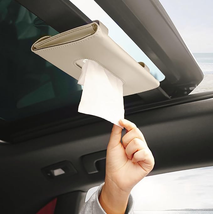 YVPSI Car Tissue Holder Sun Visor Napkin Holder with Tissue (Beige) | Refill Car Mask Holder PU Leather Tissue Box Tissue Box Holder Hanging Tissue Holder Mask Dispenser for Car - Image 7