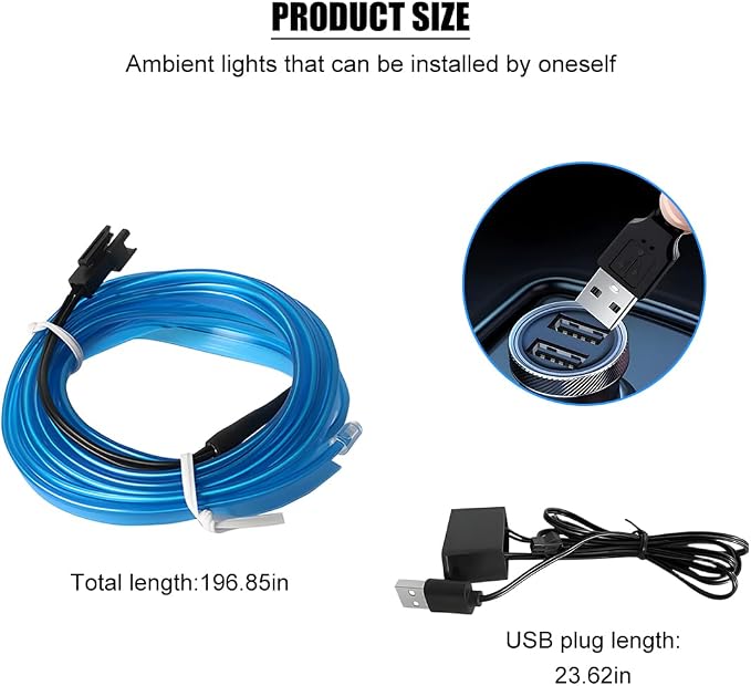 EL Wire Car LED Strip Lights, 16.5FT 5V USB Vehicle Ambient Lighting Kit with Fuse Protection, Automotive Interior Neon Decoration Lamp with 5mm Sewing Edge, Universal Fit (Blue) - Image 2