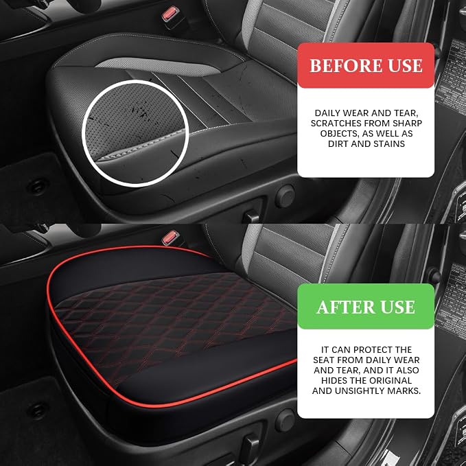 Leather Front Car Seat Cover, Anti-Slip Car Seat Bottom Covers, Full Wrapped Bottom Seat Protectors with Storage Pocket, Universal Comfortable Seat Cushion Fit Vehicles SUVs Trucks (Black Red) - Image 4
