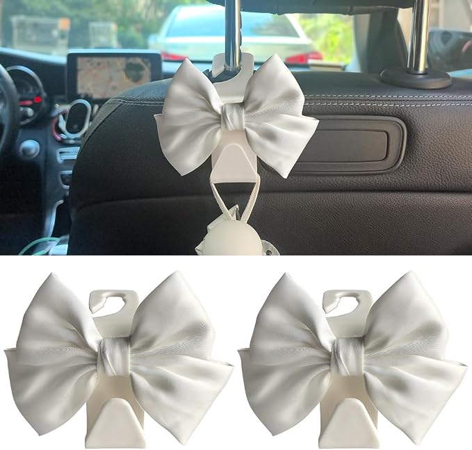 2-Pack Car Seat Headrest Hooks, Handbag Hangers, White silk | Storage organizer for handbags, clothes, coats and grocery bags; practical interior accessory for most cars and SUVs by Unknown