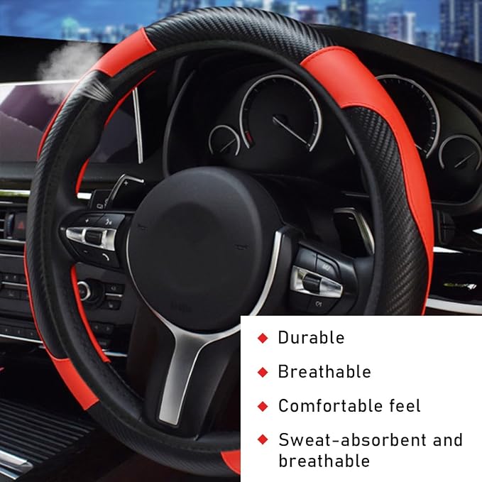 povtii Car Steering Wheel Cover, 15 Inch Leather Breathable Auto Steering Wheel Protector, Comfortable Non-Slip Vehicle Steering Wheel Covers, Universal Interior Car Accessories (Black+Red) - Image 4
