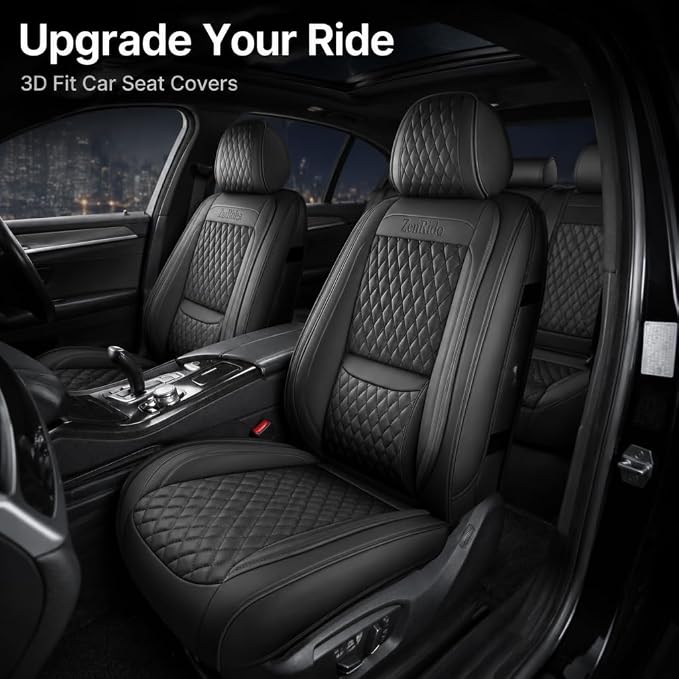 Black Thick Nappa Leather 3D Contoured Automotive Car Seat Covers Full Set | Univerasal Fit,Lumbar Support,3D Contoured,Semi Coverage,Waterproof,ThickTexture,for most Suvs Trucks Sedans - Image 2