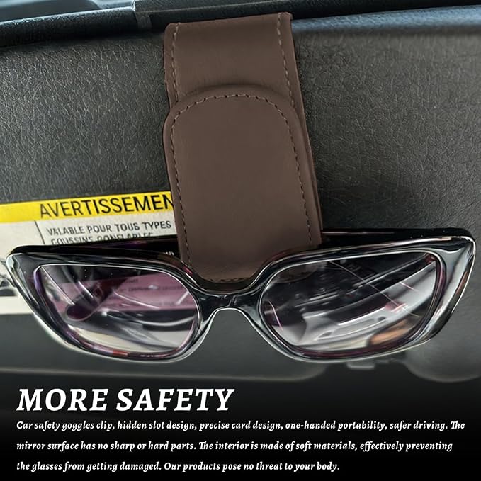 Sunglass Holder for Car, Car Sunglass Holder, Magnetic Leather Sunglasses Holder and Ticket Card Clip, Auto Multi-Functional Sun Visor Eyeglass Holders for SUV Pickup Truck (Brown) - Image 3
