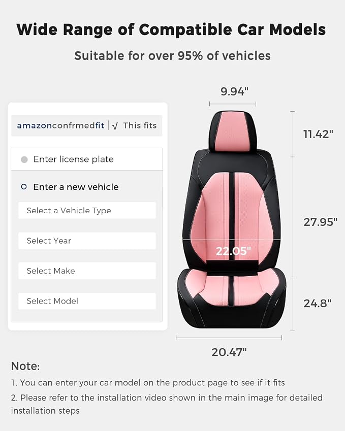 Huidasource Car Seat Covers Front Seats, Luxury Faux Leather Front Seat Covers, Compatible with Airbags, Seatbelt Buckles, Cooling＆Heating, Universal Fit for Most Cars, Vans, Trucks, SUVs, Black＆Pink - Image 2