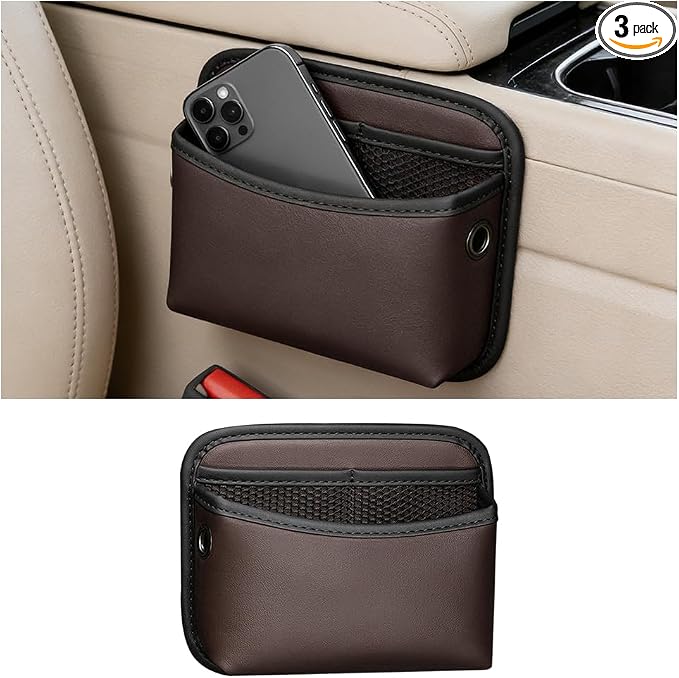 Car Seat Side Pocket Organizer, Leather Automotive Seat Door Pouch Bag Organizer, Vehicle Wallet Cards Phone Sunglasses Storage Holder Pocket Accessories, Universal Fit (Brown) by Unknown