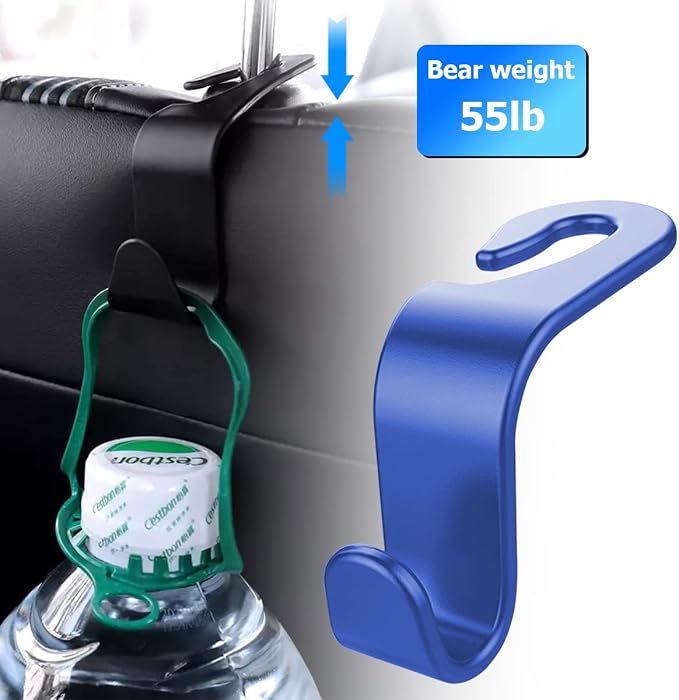 8sanlione 4 Pack Backseat Headrest Hooks for Vehicle Seats, Blue | PP plastic construction, rotating clip design, folds behind the seat, fits matching headrest posts, interior accessory - Image 3