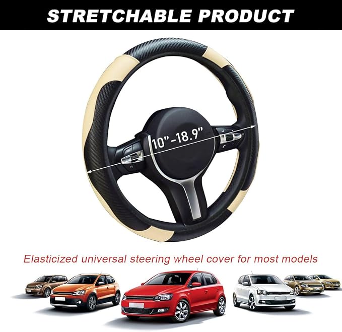DXNQ Car Steering Wheel Cover, 15 Inch Carbon Fiber Leather Stitching Color Steering Wheel Protector, Anti-Slip Elastic Breathable Steering Wheel Cover Stylish Decor for Most Cars (Black & Beige) - Image 2