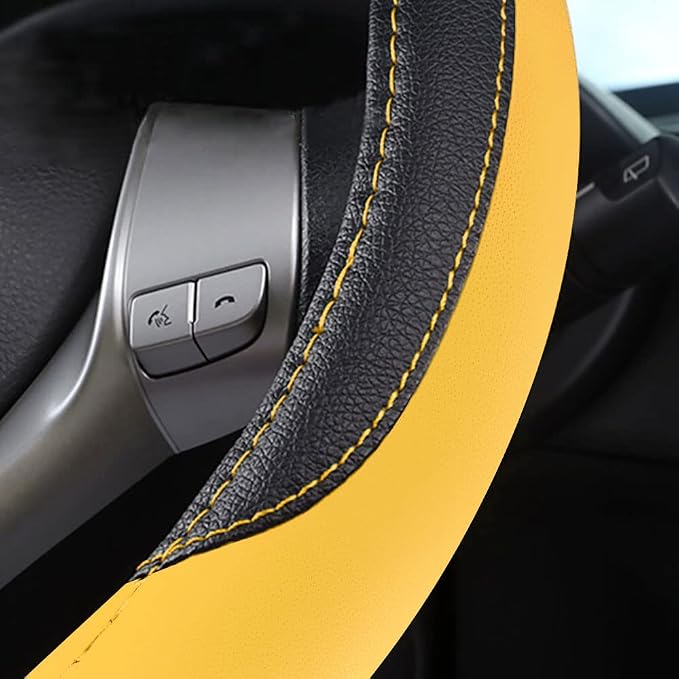 Leather Car Steering Wheel Cover, Universal Fit for Most Cars, Black&Yellow | Microfiber Leather,Non-Slip Breathable Auto Steering Wheel Protector - Image 6