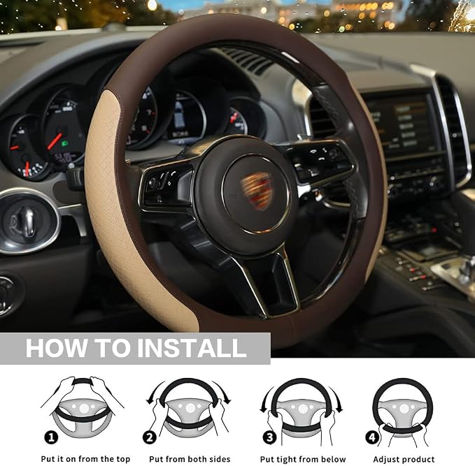 Steering Wheel Cover, Microfiber Leather Splicing with Classic Embossing,Contrasting Colors Anti-Slip Breathable Auto Car Steering Wheel Cover Fit 15 Inch Car Wheel Protector (Coffee&Beige) - Image 4