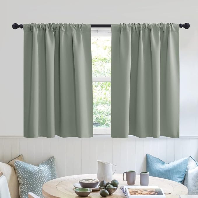 RYB HOME Short Blackout Privacy Curtains 30 inch Long for Bathroom Window | Thermal Insulated,Heat Blocking,Rod Pocket,Half Window Curtain Tiers for Nursery Bedroom,W42 x L30,Greyish Green,2 Panels by RYBHOME