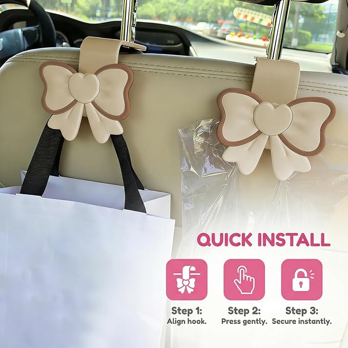 2PCS Car Seat Headrest Hook, Cute Bow Vehicle Backseat Storage Hanger Purse Handbag Organizer, Automotive Interior Seat Back Hook Holder for Umbrella Hat Bag, Universal for Vehicles (Beige) - Image 4