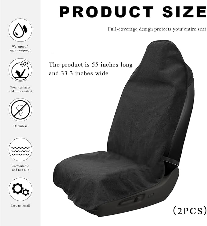 DXNQ 2PCS Car Towel Seat Cover, Waterproof Sweating Non-Slip Premium Soft Towel Carseat Protector, Universal Machine Washable Car Truck SUV Front Seat Cover for Gym Workout Beach Hiking (Black) - Image 2