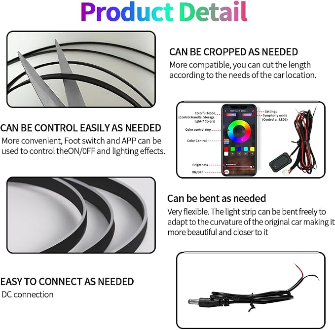 Interior Car Strip Lights Dreamcolor Acrylic Car Decorative Lights with Smart APP Control Multicolor Internal Lighting Kit Music&DIY Function Ambient Fiber Optic Strip LEDs (Muticolor 18 in 1) - Image 6