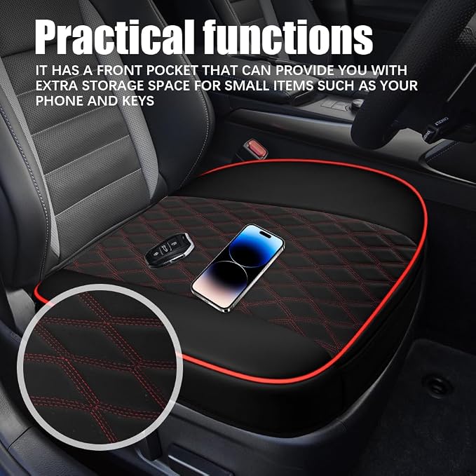 Leather Front Car Seat Covers, Car Bottom Seat Cover, Anti Slip Leather Auto Front Seat Cushion Cover with Storage Pocket, Waterproof Bottom Auto Seats Cushion Pad Mat for Vehicles (Black Red) - Image 3