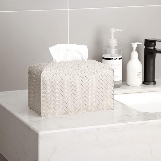 Tissue Box Cover PU Leather Tissue Holder Square Facial Tissue Case Facial Paper Organizer Dispenser for Bathroom, Vanity Countertop, Tabletop, Car, Rectangle, Griege | PU Leather，Easy to Fill, Easy Clean, Decorative Cube Tissue Box Holder for Office, ... - Image 2