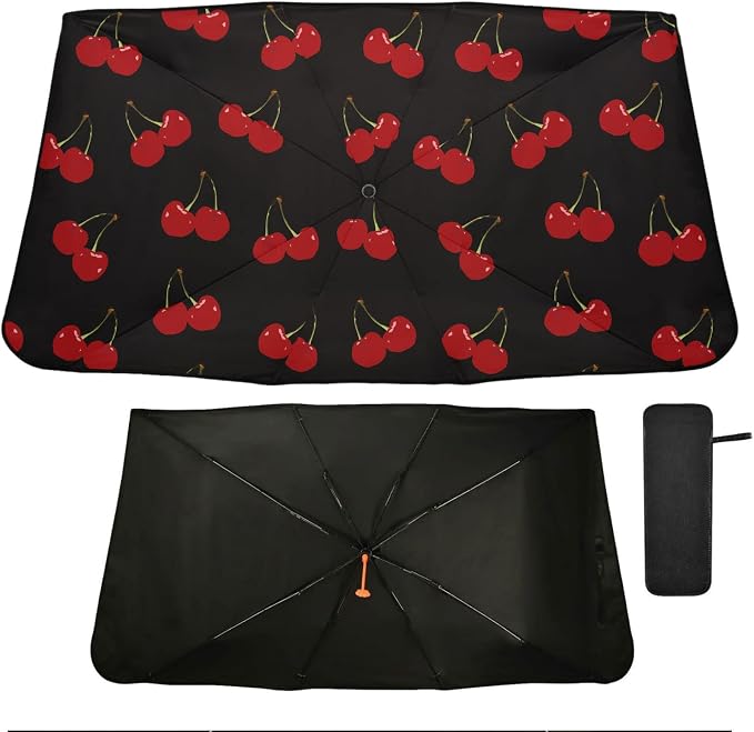 Red Cherry Windshield Sun Shade Umbrella Black Foldable Car Front Window Sunshade Blocks UV Rays Heat Keep Vehicle Cool (55" x 27.5") by Oarencol