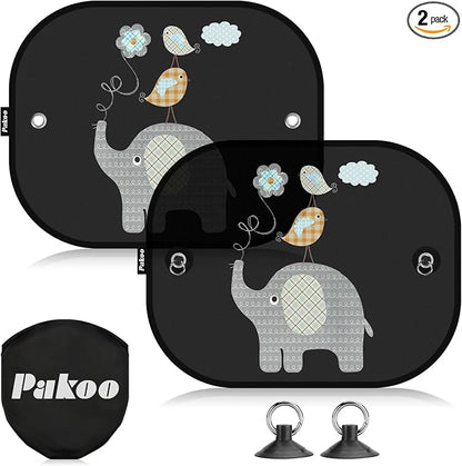 Car Sun Shades for Baby, 2 Pack Mesh Window Shade Baby Kids Pet with Cute Animal Motifs, Side Window Screens for SUV, 17"x14" Universal Car Sun Shades with Suction Cups by Pakoo