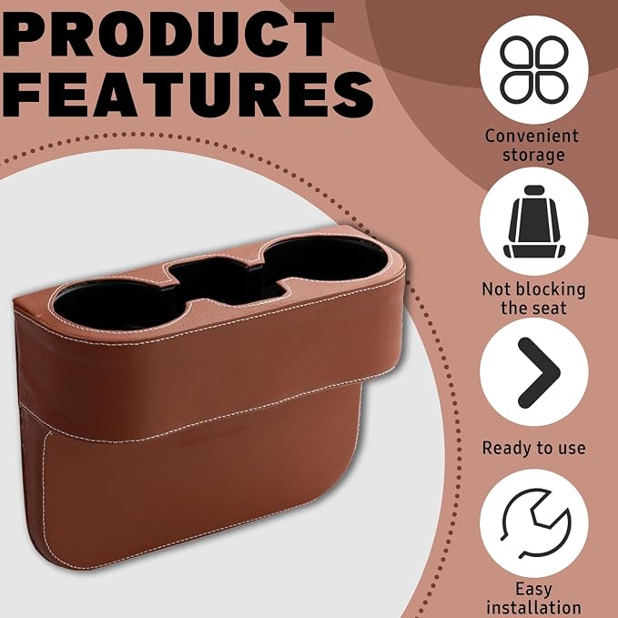 Car Cup Holder, Auto Front Seat Gap Interior Drink Organizer, Multifunctional Cup Drink Holders with PU Leather Cover, Gap Filler Storage Box Coin Bucket Console Side Pocket Key Wallet Holder (Brown) - Image 5
