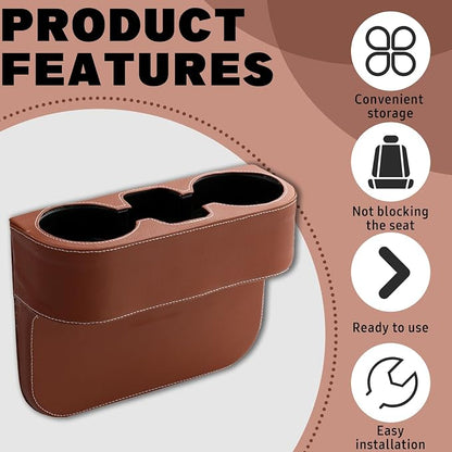 Car Cup Holder, Auto Front Seat Gap Interior Drink Organizer, Multifunctional Cup Drink Holders with PU Leather Cover, Gap Filler Storage Box Coin Bucket Console Side Pocket Key Wallet Holder (Brown) - Image 5