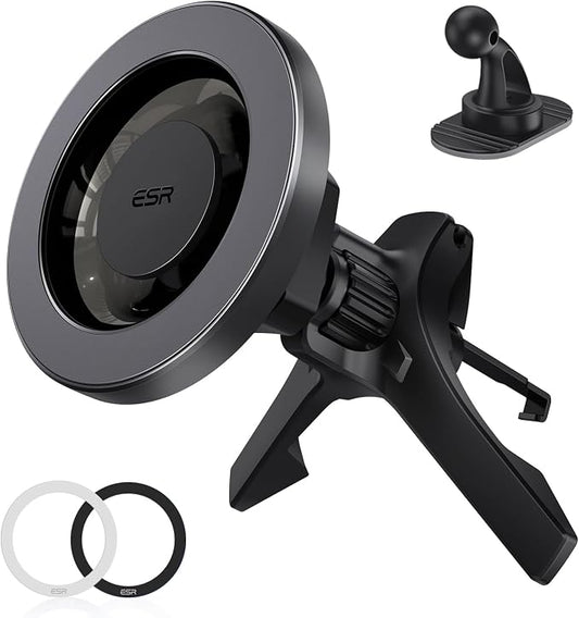 ESR for MagSafe Car Mount, Car Phone Holder for iPhone 17-12,Samsung/Google | Magnetic Phone Holder for Air Vent/Dashboard, for All Smartphones(2 Metal Rings Included), Charging Not Supported, Black by Unknown