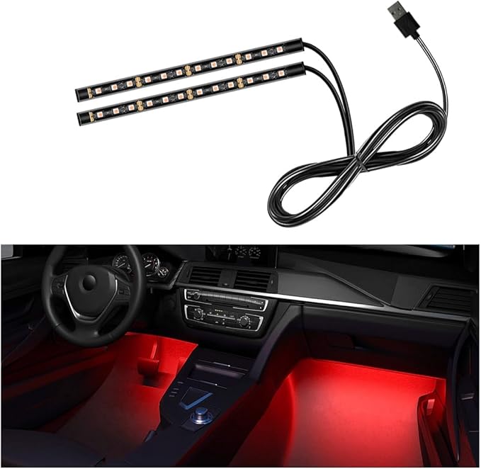 Car LED Strip Light, 24 LEDs RGB Neon Interior Atmosphere Lights, 12V Under Dash Ambient Night Light, USB Port Auto Interior Decorative Lamp, Universal Car Accessories (Red) by Sylvil