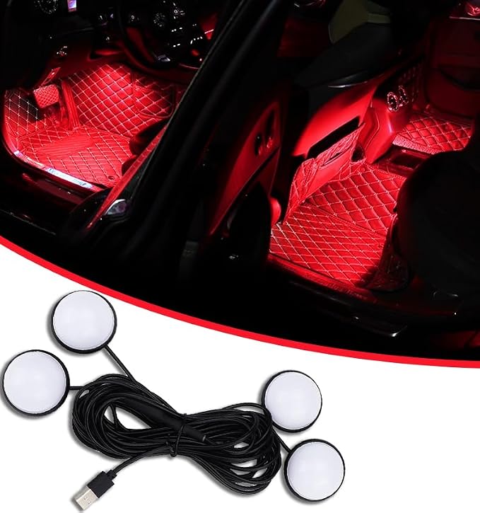 4 in 1 Car Interior LED Ambient Light Kit, Red | 5 Volt USB power, adhesive install, front and rear cables, fits most cars, SUVs, and trucks, car interior accessories by Unknown
