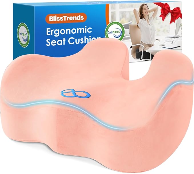 BlissTrends Extra Thick Seat Cushion for Office Chair & Car Seat, Pink | XX-Large Tailbone & Sciatica Relief, Ergonomic Support, High-Density Memory Foam, Comfort for Extended Sitting by BlissTrends