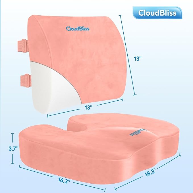 CloudBliss Ergonomic Seat Cushion & Lumbar Support Pillow Set, Pink, XL | Back Pain & Sciatica Relief, Memory Foam Support, Adjustable Straps, Machine Washable Velvet, Perfect for Office, Car, Gaming - Image 5
