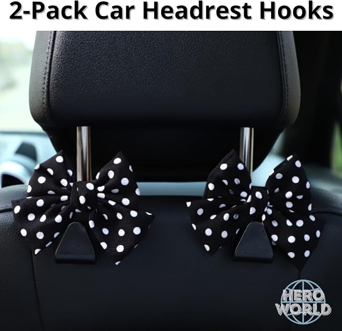 Car Headrest Hooks 2 Pack Seat Back Hanger for Bags and Groceries Heavy Duty Auto Organizer Easy Install Storage Hook for Purse Handbag Shopping Bags Black Polka Dot - Image 2