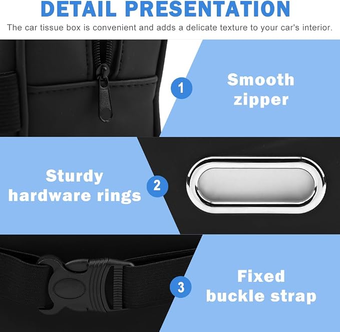 Car Tissue Box Holder, Backseat Rectangular Napkin Holder with 4 Hooks, Small 7.5in PU Leather Napkin Organizer with Metal Ring for Easy Pulling, Fits Headrest, Dashboard & Sun Visor(Color:Black) - Image 4
