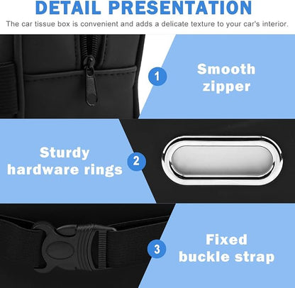 Car Tissue Box Holder, Backseat Rectangular Napkin Holder with 4 Hooks, Small 7.5in PU Leather Napkin Organizer with Metal Ring for Easy Pulling, Fits Headrest, Dashboard & Sun Visor(Color:Black) - Image 4